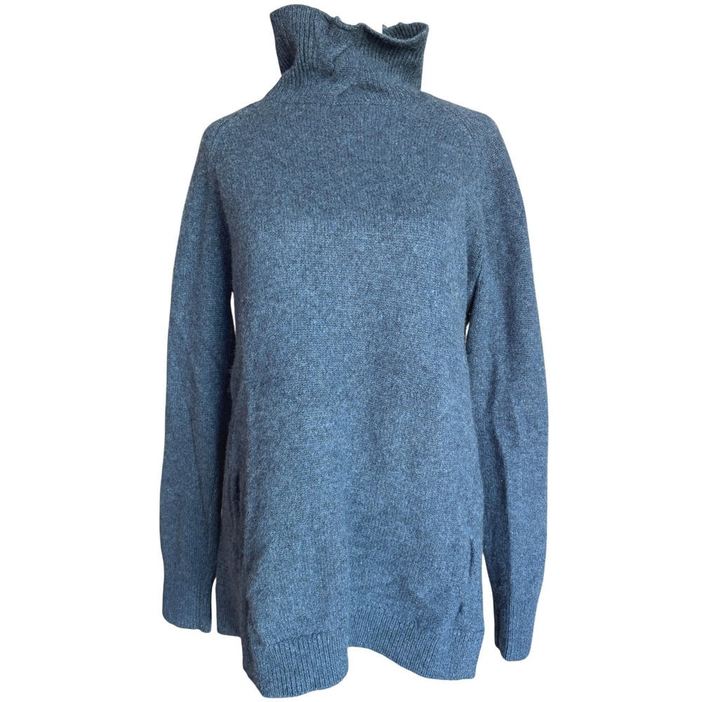 Garnet Hill 100% Cashmere Sweater Tunic L Blue Funnel Neck Cable Knit Ribbed